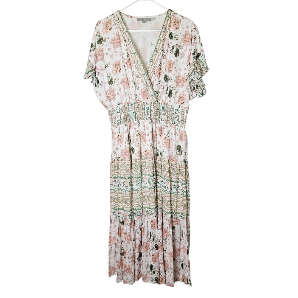J. Gee Floral Boho Maxi Dress Smocked Waist Ruffle Sleeves S Cottagecore Peasant